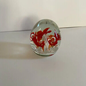 Vintage Joe St. Clair Paperweight Round Globe Decor Flowers Floral Orange Glass